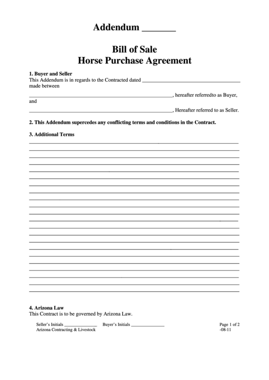 Bill Of Sale Horse Purchase Agreement Printable pdf