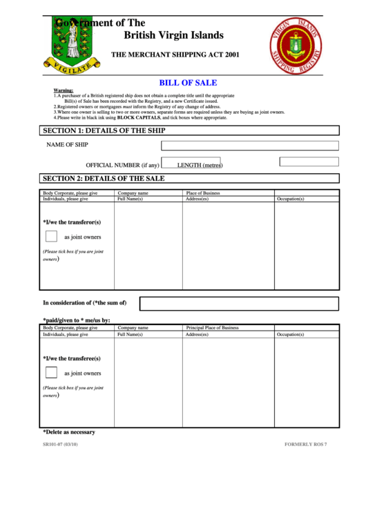 Government Of The British Virgin Islands - Bill Of Sale Template Printable pdf