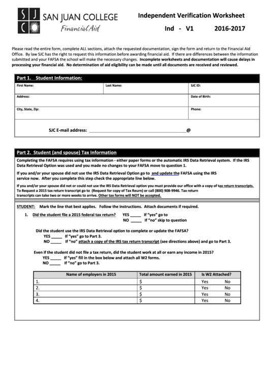 Fillable Form Indv1 -Independent Verification Worksheet Printable pdf