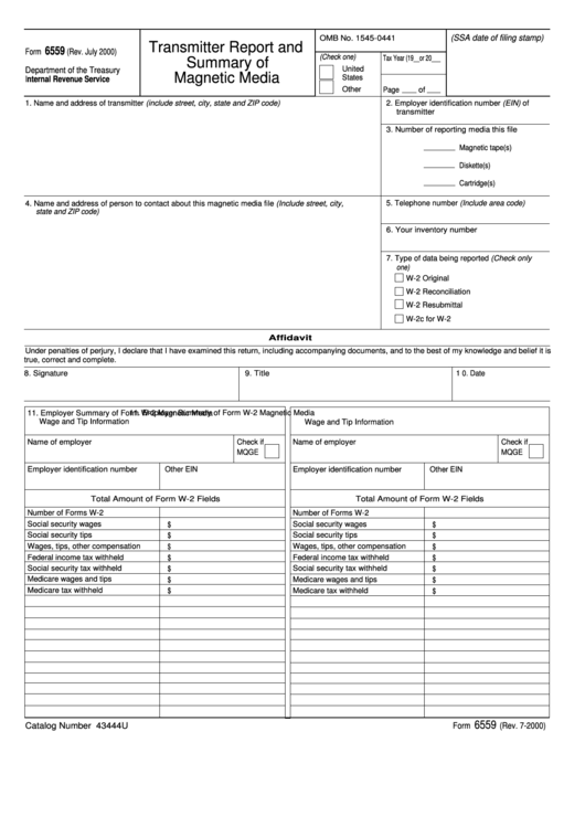 Form 6559 - Transmitter Report And Summary Of Magnetic Media - 2000 Printable pdf