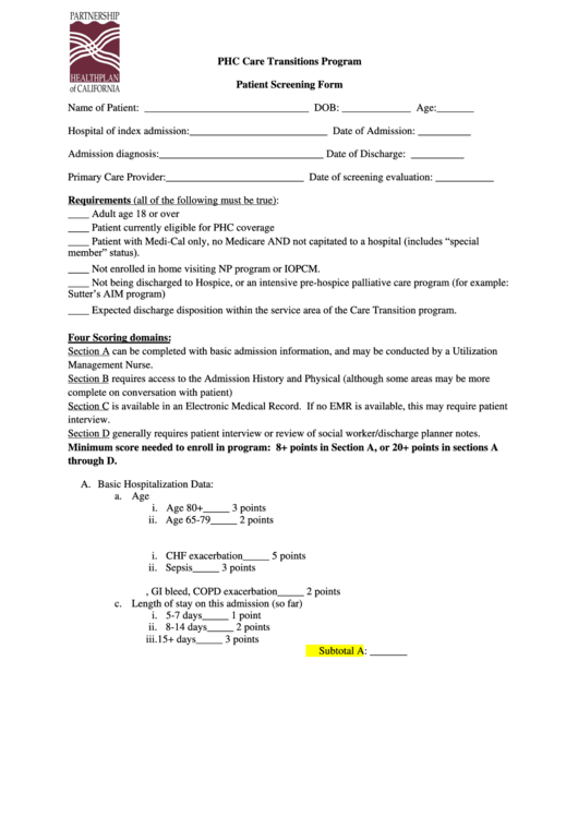 Phc Care Transitions Program Patient Screening Form Printable pdf