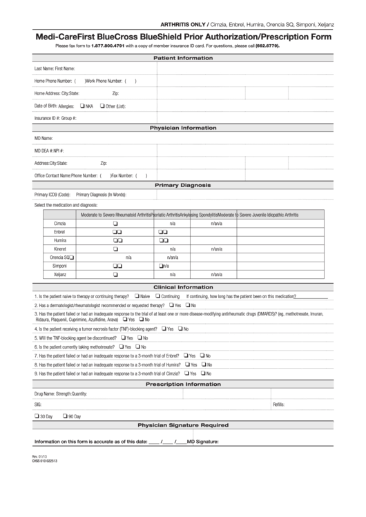 Fillable Medicare First Blue Cross Blue Shield Prior Authorization/prescription Form - Arthritis Printable pdf