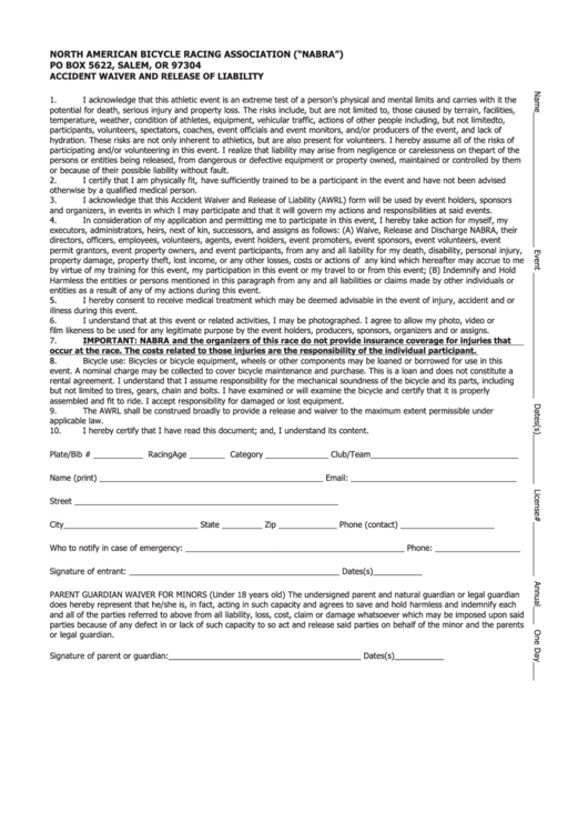 Nabra Accident Waiver And Release Of Liability Printable pdf