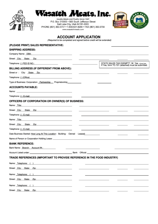 Account Application, Form Tc-721 - Exemption Certificate Printable pdf