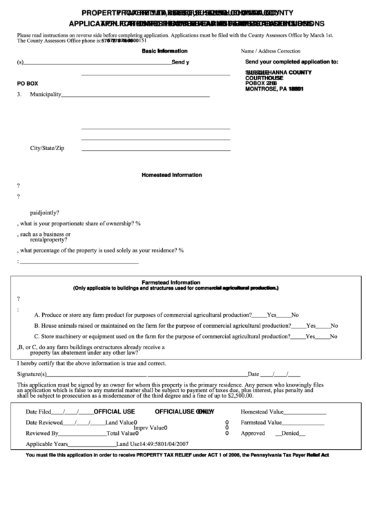 Application For Homestead And Farmstead Exclusions Printable pdf
