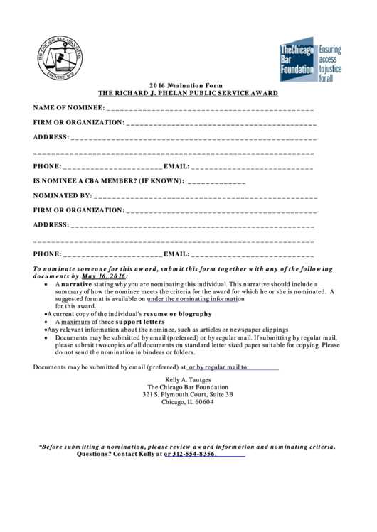 Fillable Nomination Form - Chicago Bar Foundation Printable pdf