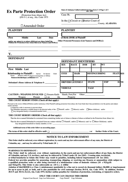 Fillable Ex Parte Protection Order Printable Pdf Download