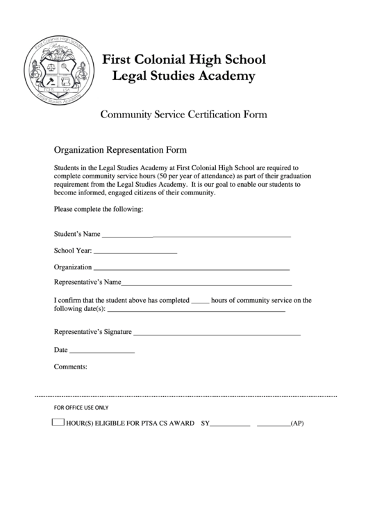 First Colonial High School Legal Studies Academy Community Service Certification Form Printable pdf