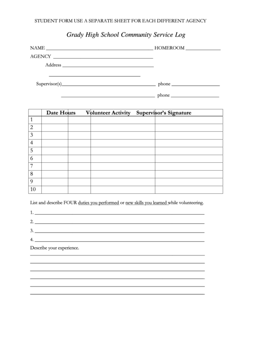 Grady High School Community Service Log Printable pdf