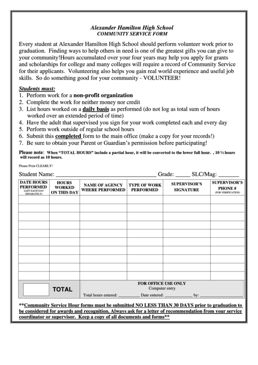 Alexander Hamilton High School Community Service Form Printable pdf