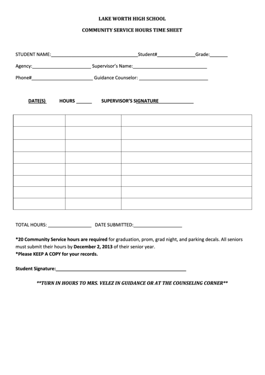 Lake Worth High School Community Service Hours Time Sheet Printable pdf