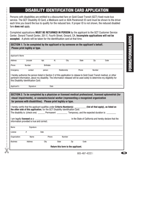 Disability Identification Card Application Form Printable pdf