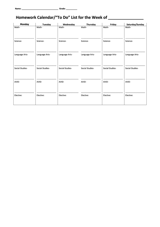 Weekly Homework Calendar/to Do List Template Printable pdf