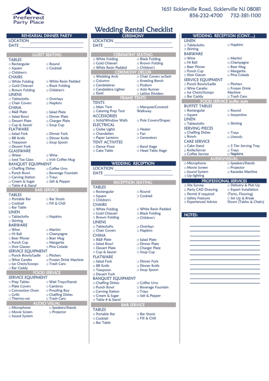 Wedding Rental Checklist Printable pdf