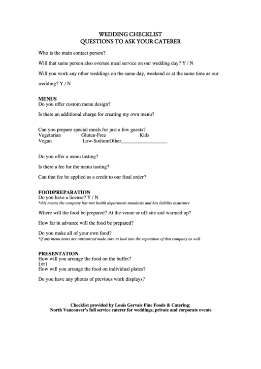 Wedding Checklist Questions To Ask Your Caterer Printable pdf