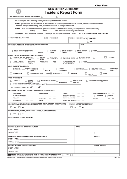 Fillable New Jersey Judiciary Incident Report Form Printable pdf