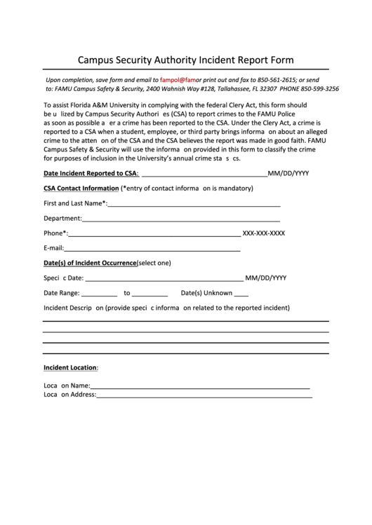 Fillable Campus Security Authority Incident Report Form Printable pdf