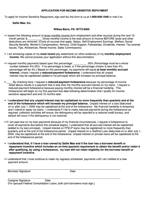 Application For Income-Sensitive Repayment Printable pdf