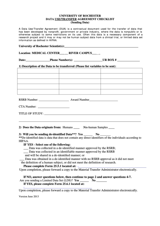 Fillable University Of Rochester Data Use/transfer Agreement Checklist Printable pdf