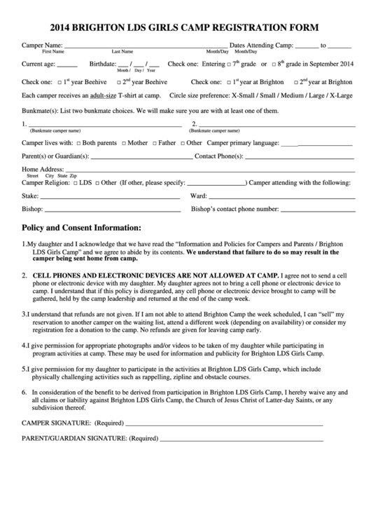 Brighton Lds Girls Camp Registration Form Printable pdf