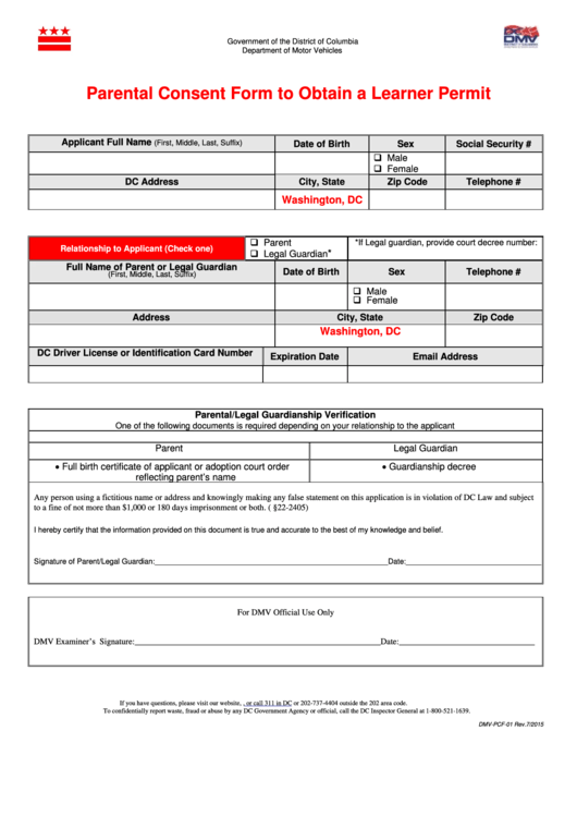 Form Dmv-Pcf-01 - Parental Consent Form To Obtain A Learner Permit Printable pdf