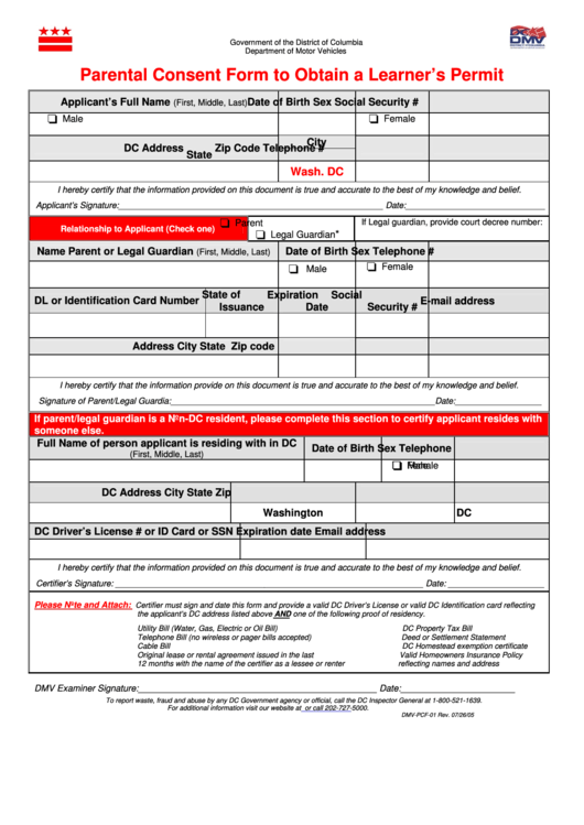 Form Dmv-Pcf-01 - Parental Consent Form To Obtain A Learner