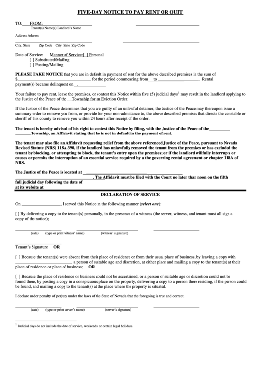Five-Day Notice To Pay Rent Or Quit Template Printable pdf