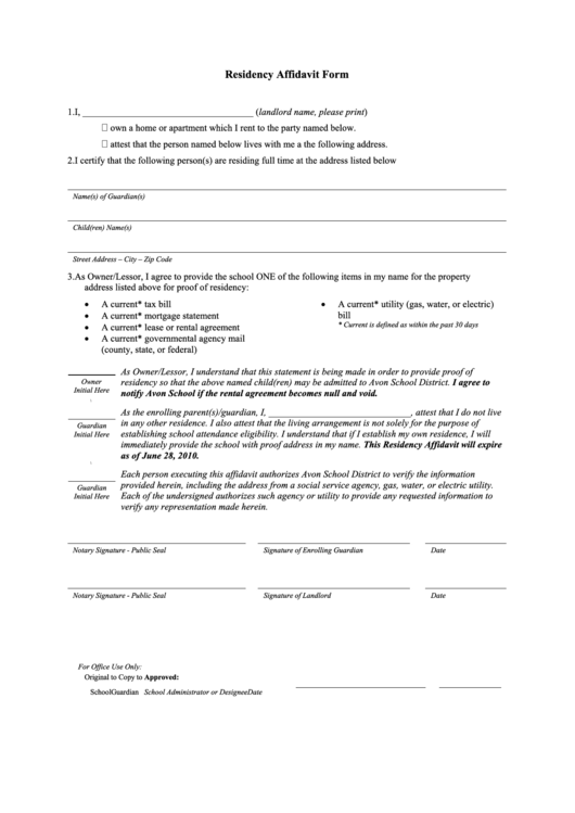 Residency Affidavit Form - Avon School District Printable pdf