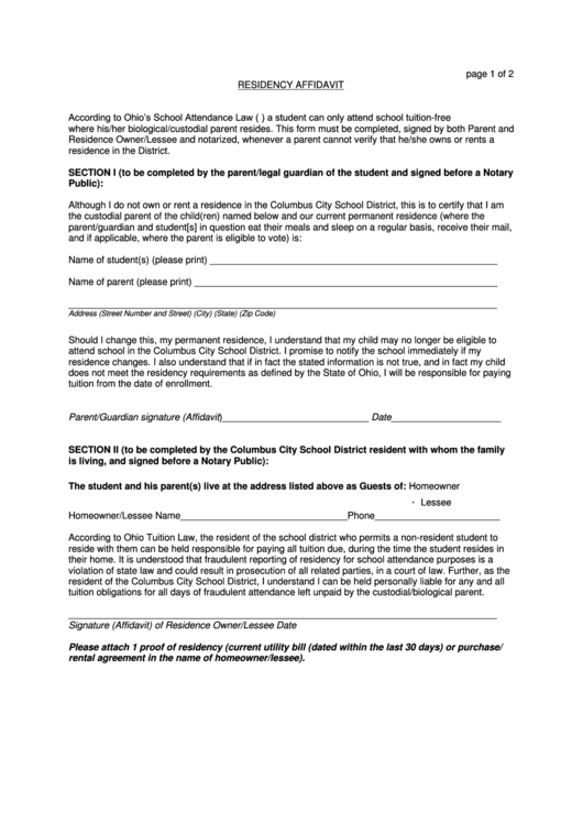 Residency Affidavit - Imagine Columbus Primary Academy Printable pdf