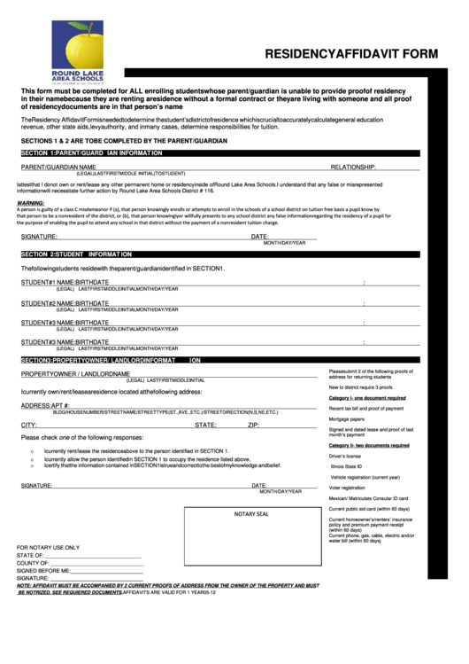 Residency Affidavit Form - Round Lake School District Printable pdf