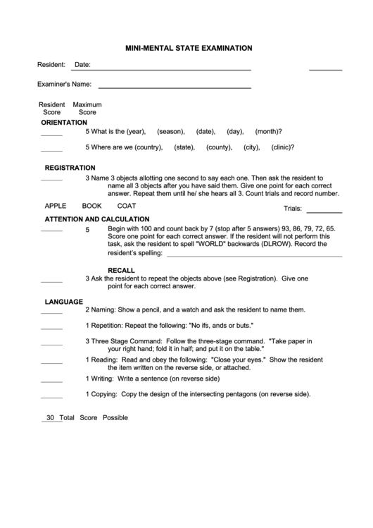 MiniMental State Examination Form printable pdf download