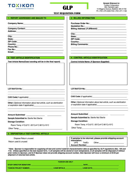Fillable Test Requisition Form Toxikon Printable pdf