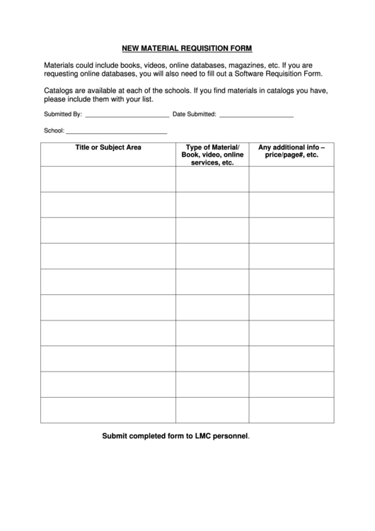 New Material Requisition Form Printable pdf
