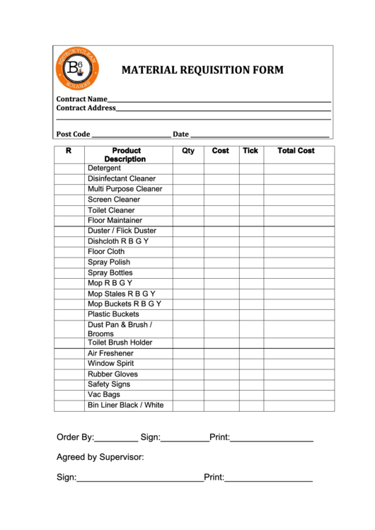 Material Requisition Form Printable pdf