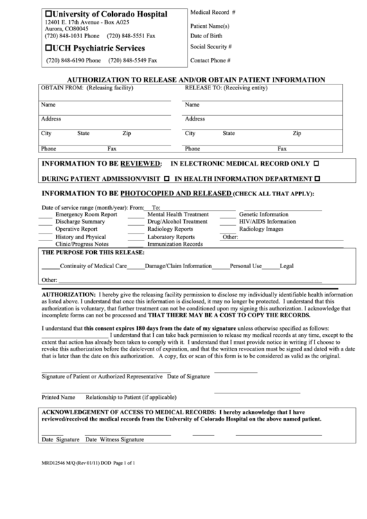 Fillable Authorization To Release And Or Obtain Patient Information Printable pdf