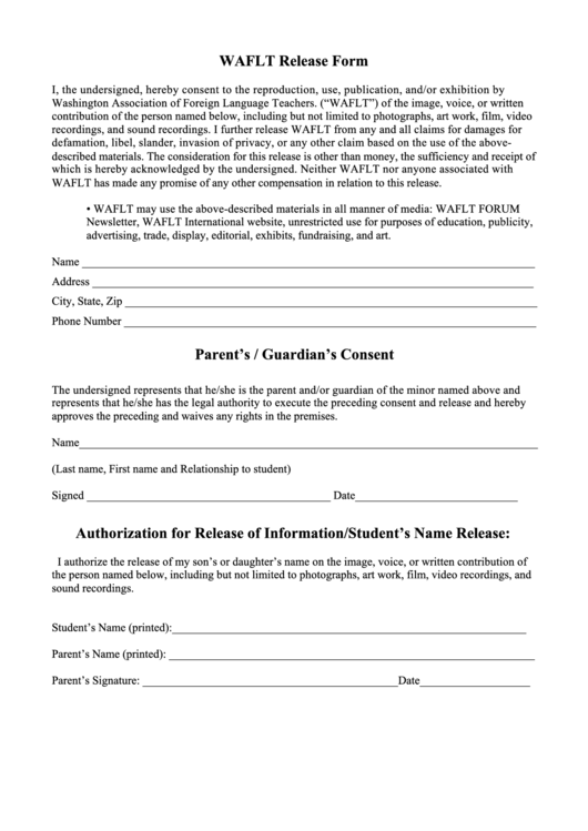 Release Form Washington Association For Language Teaching Printable pdf