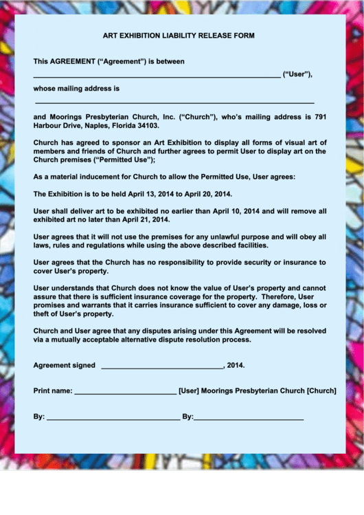 Art Exhibition Liability Release Form Printable pdf