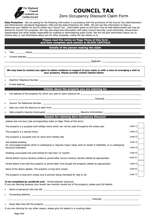 Zero Occupancy Discount Form Highland Council Printable pdf