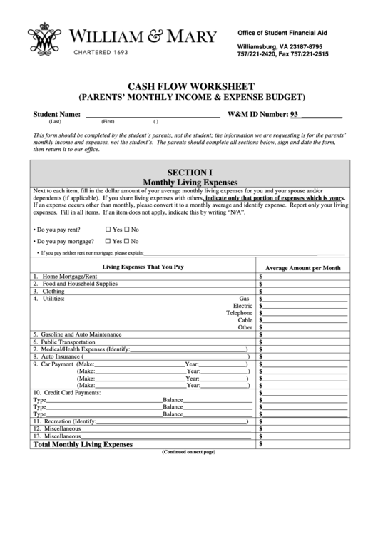 Cash Flow Worksheet Monthly Income And Expense Form Printable pdf