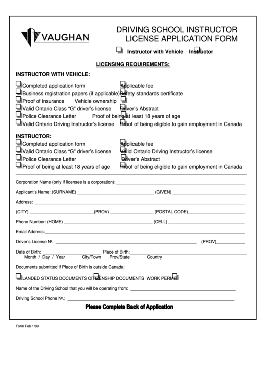 Driving School Instructor License Application Form Printable pdf