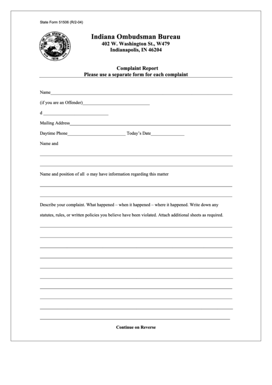 Indiana Ombudsman Bureau Complaint Report Printable pdf