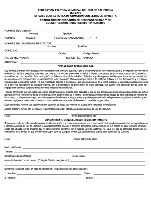 Formulario De Descargo De Responsabilidad Y De Consentimiento Para Recibir Tratamiento - Federation Atletica Municipal Del Sur De California Printable pdf