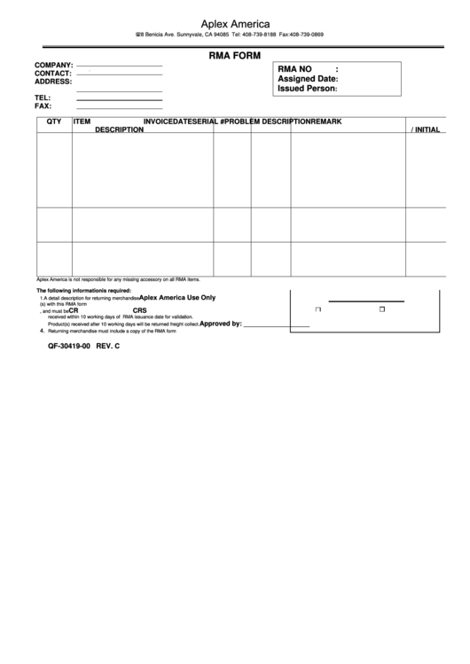 Rma Form - Aplex America Printable pdf