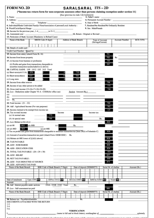 Form No. 2d - Income Tax Return Form For Noncorporate Assessees Other Than Persons Claiming Exemption Under Section 11 Printable pdf