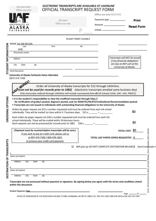 Fillable Official Transcript Request - University Of Alaska Fairbanks Printable pdf