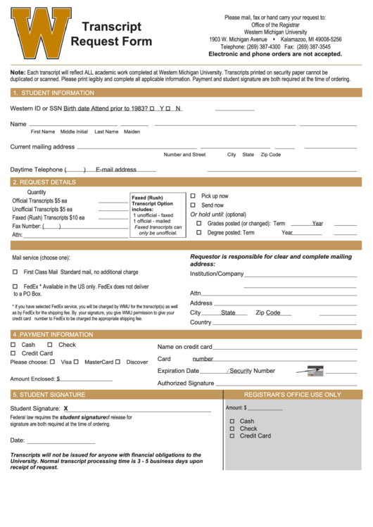 Transcript Request Form Western Michigan University Printable pdf