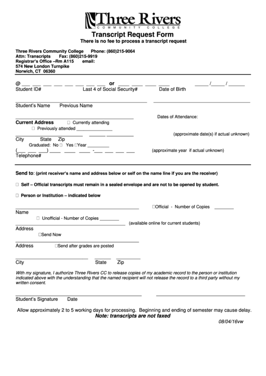 Transcript Request Form - Three Rivers Community College Printable pdf