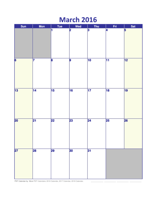 March 2016 Calendar Template Printable pdf