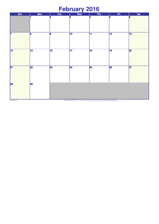 February 2016 Calendar Template Printable pdf