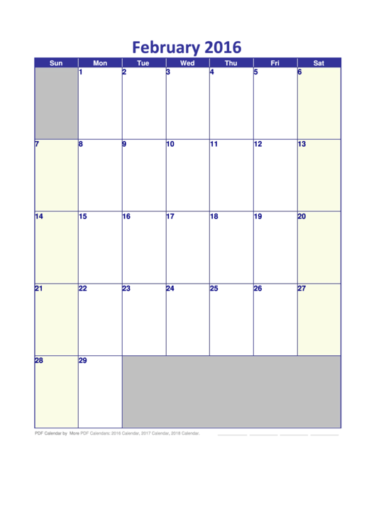 February 2016 Calendar Template Printable pdf